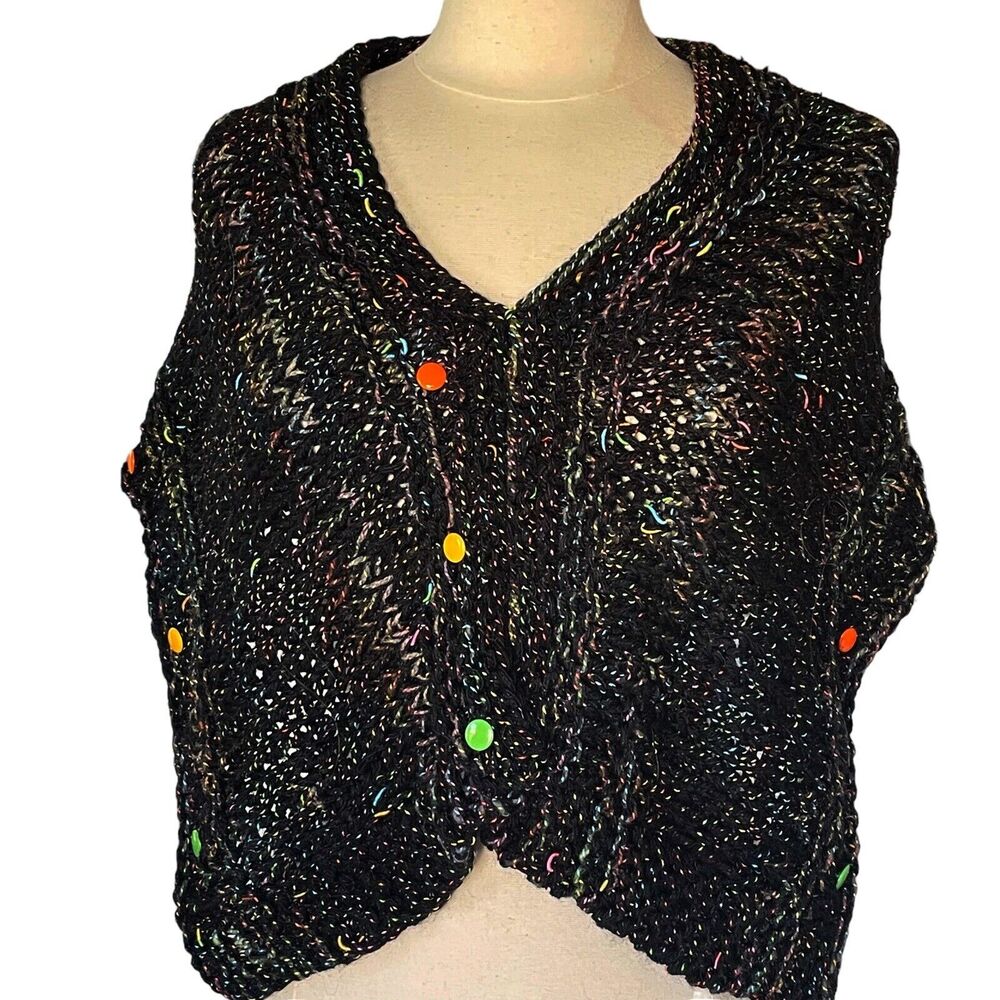 Hand Knit Chunky Black Bolero Shrug One Sz Buttons Vibrant Accent Tweed Boho